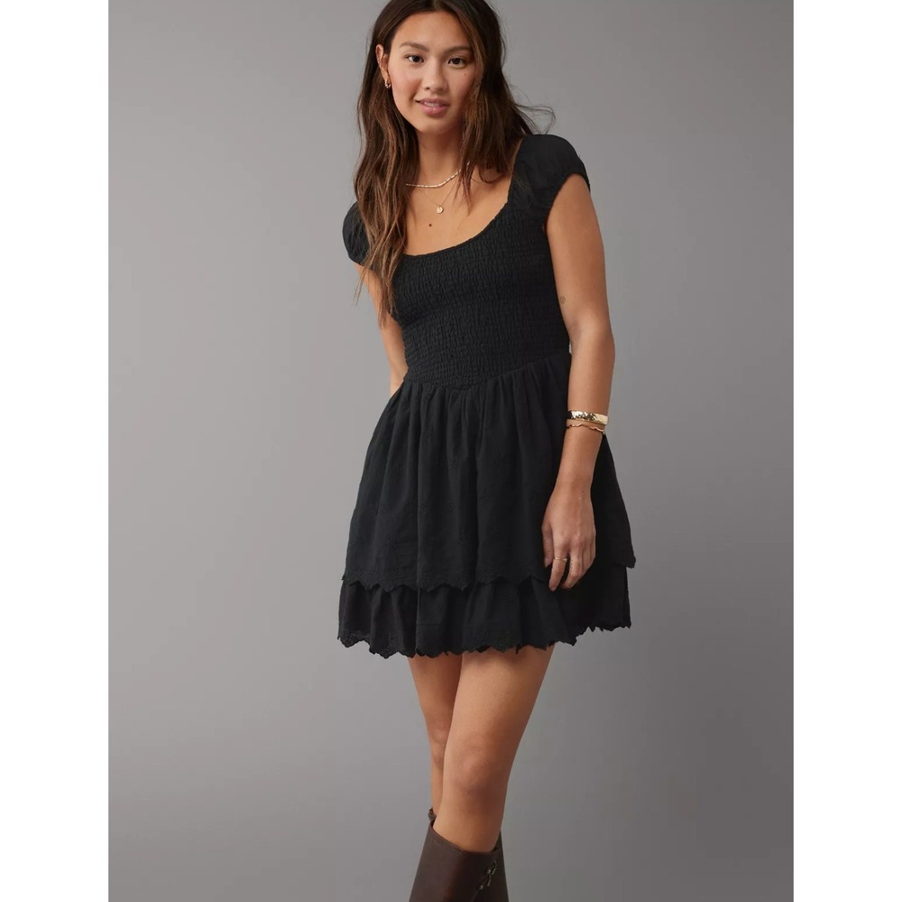 American Eagle Smocked Puff Sleeveβ Ruffle Mini Dress Black Western Boho Medium